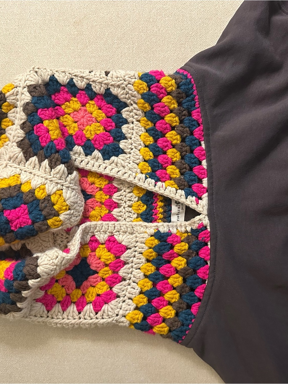 NATURAL LIFE Dark Gray Sweatshirt with Multicolor Crochet Hood - Picture 13 of 14